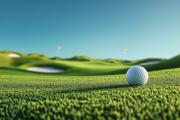 A close-up view of a golf ball on a lush green course, with flags in the distance under a clear blue sky, evoking a serene golfing atmosphere.