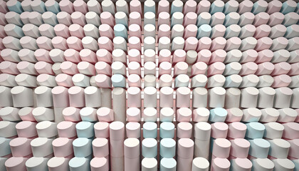 Obraz premium Three dimensional pattern of rows of pastel colored cylinders isolated with white highlights, png