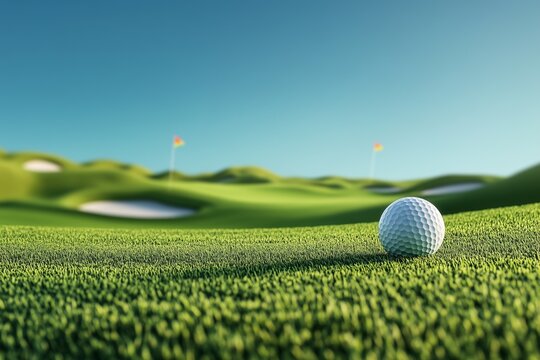 A close-up view of a golf ball on a lush green course, with flags in the distance under a clear blue sky, evoking a serene golfing atmosphere.