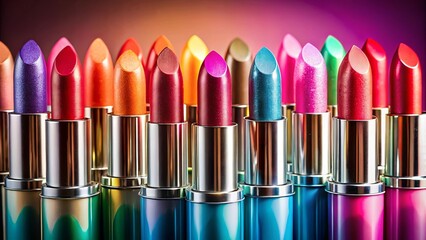 Obraz premium A vibrant collection of lipstick tubes, each showcasing a unique hue, reflects the colorful spectrum of personal style and expression.