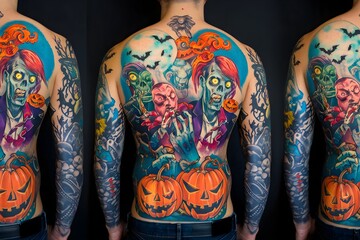 Fototapeta premium Vibrant Full Body Halloween Tattoo Design with Spooky Supernatural Elements