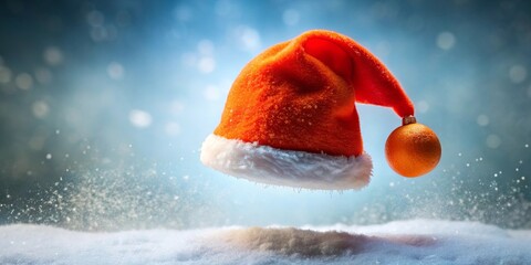 A Festive Red Hat with a Sparkling Ornament Suspended Above a Snowy Landscape, a Symbol of Joy and Celebration