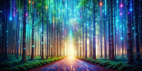 A shimmering path illuminated by celestial light, leading through a forest of ancient trees, their branches reaching towards a sky adorned with sparkling stars.