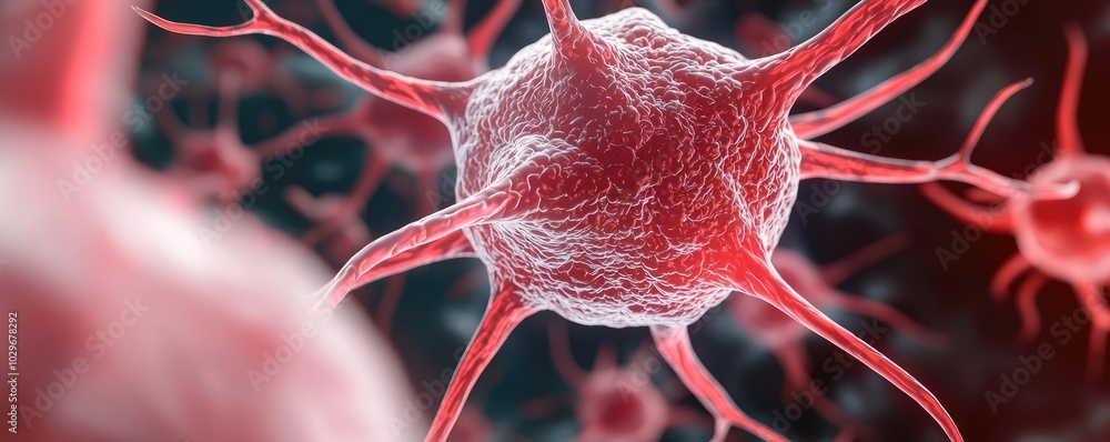 Poster microscopic view of a red neuron against a dark background.