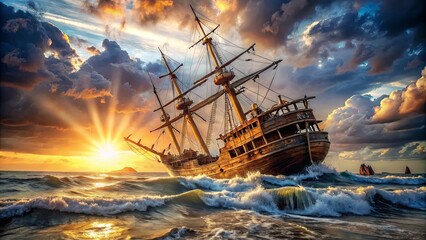 Obraz premium A weathered wooden sailing ship struggles against tumultuous waves and a dramatic sunset sky, its masts reaching towards the heavens amidst the fury of nature.