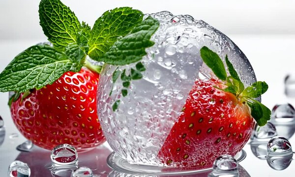 Close-up of strawberries and mint leaves covered in water droplets
