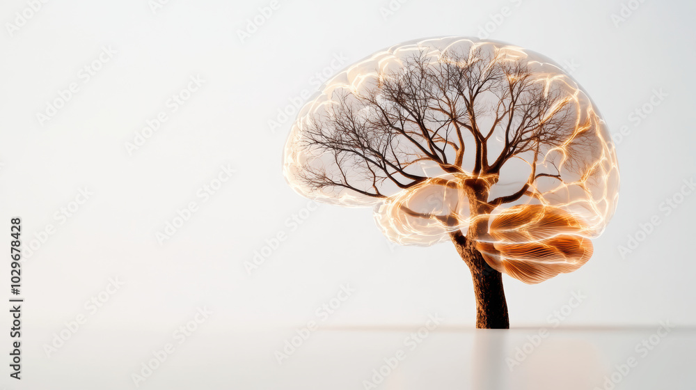 Poster brain illustrated in flat design merges with tree, symbolizing growth and knowledge. this unique rep
