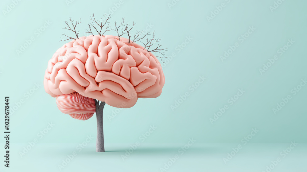 Aufkleber creative illustration of brain designed in flat style, featuring tree branches emerging from it, sym