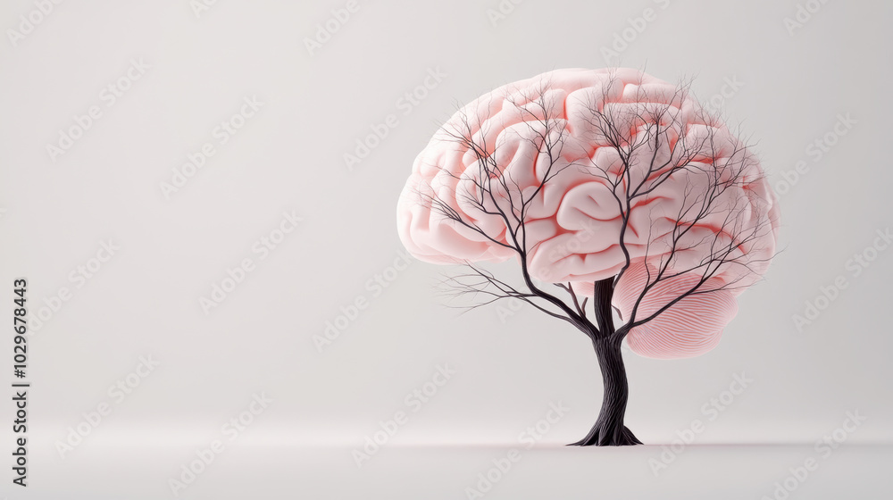 Poster creative illustration of brain designed as tree, showcasing intricate branches that resemble neural 