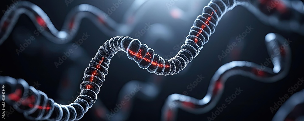 Poster Abstract view of DNA strands with glowing elements on a dark background.