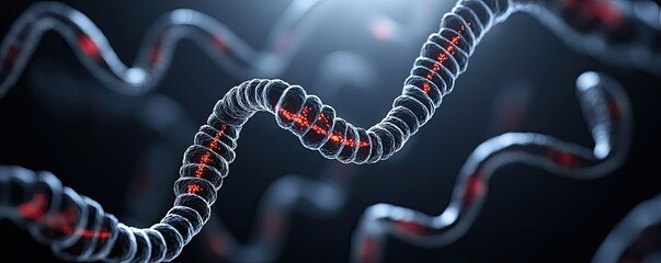 Abstract view of DNA strands with glowing elements on a dark background.