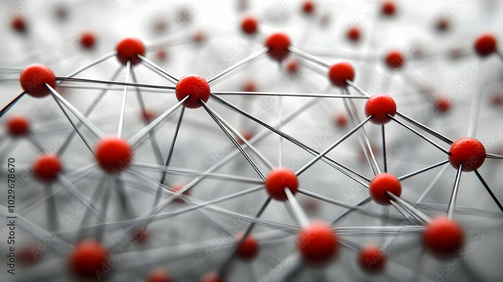 Poster abstract 3d illustration of network with red nodes