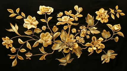 Golden Floral Embroidery Pattern on Black Fabric