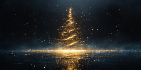 An illustration of a golden glitter minimal Christmas tree on black background. 