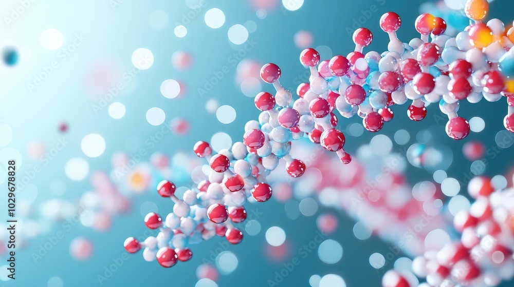 Poster colorful molecular structures on a blurred background, emphasizing science and discovery.