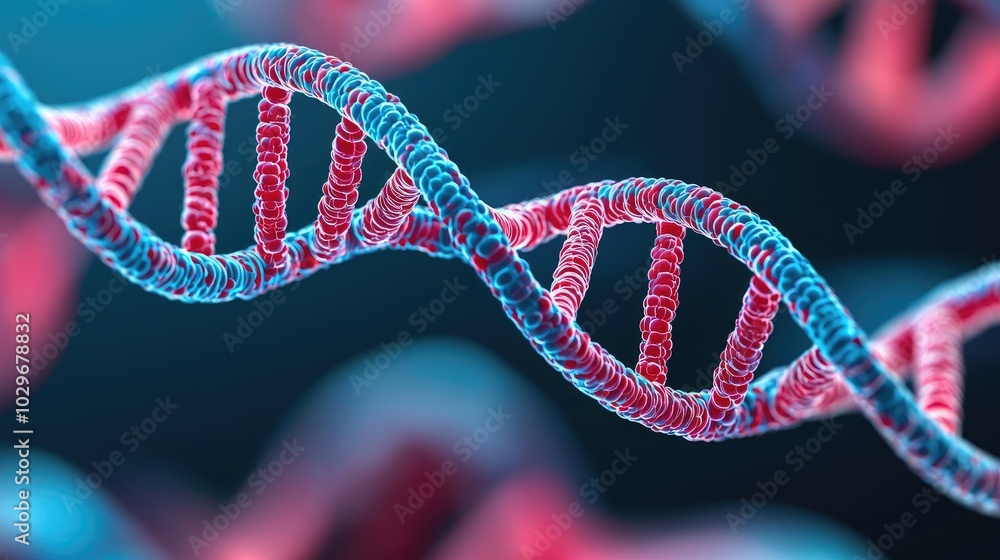 Poster Close-up of colorful DNA double helix structure on dark background.