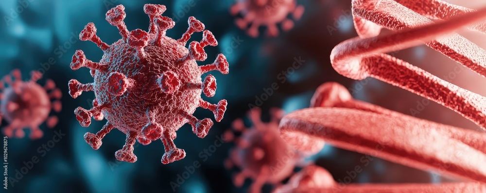 Poster microscopic view of a virus structure on a colorful background.
