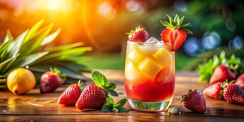 A Refreshing Summer Cocktail with Strawberries, Lemon, and Mint on a Wooden Table with Sunlight Streaming Through the Leaves