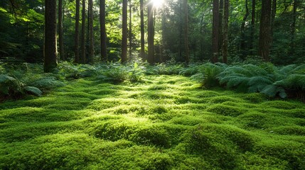 Obraz premium Serene Forest with Lush Green Moss Under Sunlight
