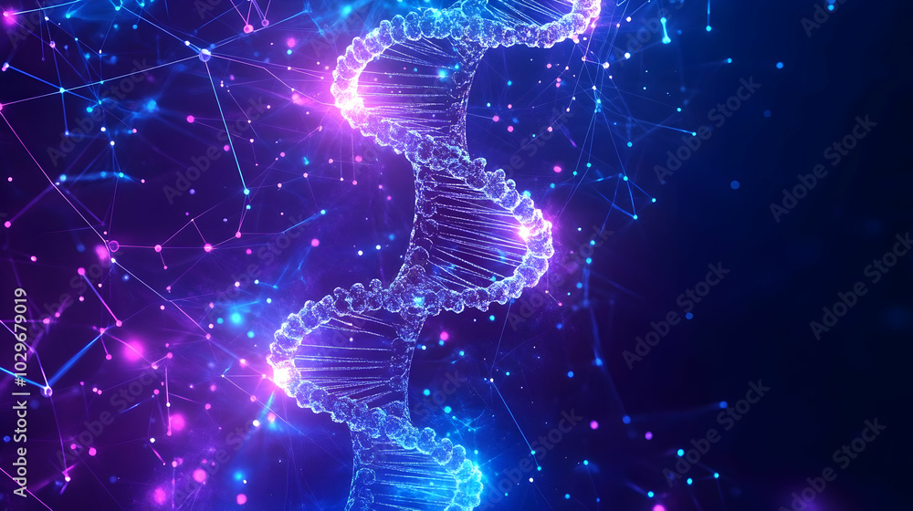 Poster glowing blue dna strand helix with network connection points background