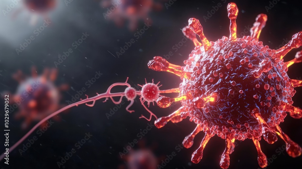 Poster Microscopic view of a virus interacting with another cell, digital rendering.