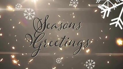 Animation of seasons greetings text over snowflakes, stars and light stars at christmas