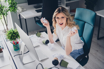 Photo of lovely young lady annoyed crumpled paper angry boss dressed formalwear comfortable startup...