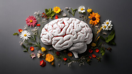 brain surrounded by vibrant wreath of wildflowers, showcasing blend of colors and textures. This artistic representation symbolizes creativity and beauty of nature intertwined with human thought