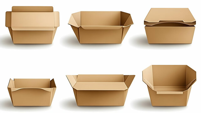Six Empty Brown Cardboard Boxes in Various Shapes and Sizes