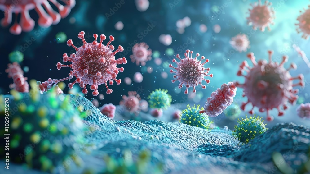 Poster detailed microscopic view of viruses in vibrant colors on a cellular surface.