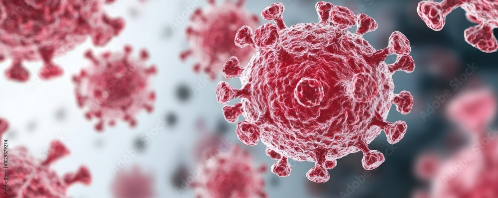 Poster Microscopic view of virus particles with red details on a blurred background.