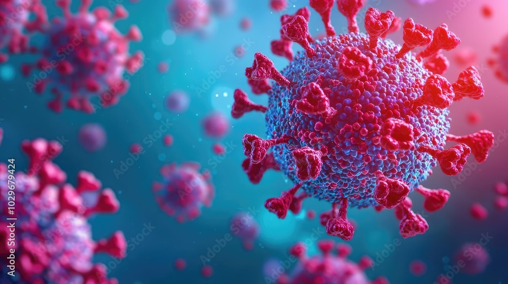 Poster colorful visualization of a virus on a smooth background.