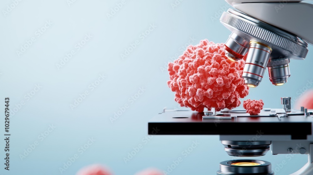 Poster microscope examining a virus, detailed close-up on a laboratory stage.