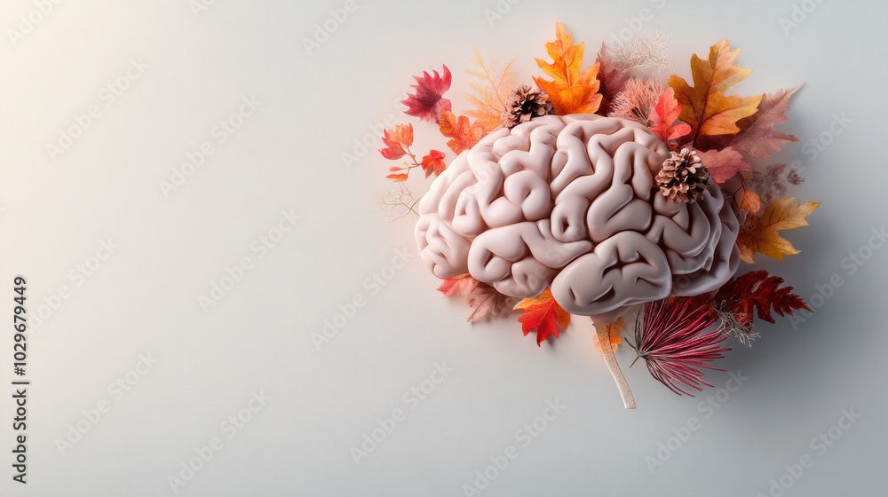 Poster creative representation of brain surrounded by colorful autumn leaves, symbolizing connection betwee