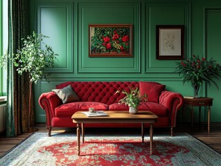 Obraz premium Vintage-Inspired Living Room with Teal Walls and Red Furniture