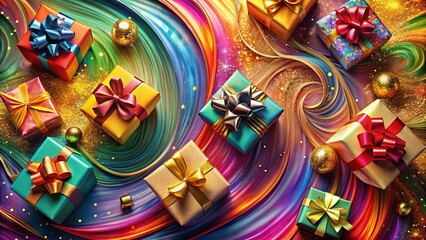Fototapeta premium A swirl of vibrant hues envelops a collection of festive gifts, each adorned with a unique bow, creating a symphony of color and celebration.
