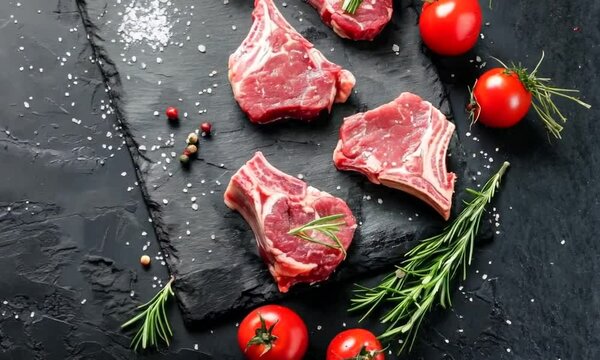 Fresh Raw Beef Steaks with Spices on Dark Background: High-Quality Culinary Photography