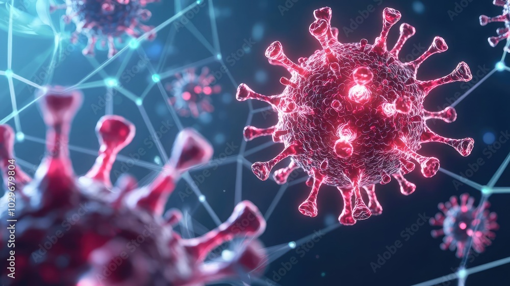 Poster microscopic view of a virus with connecting particles in a digital network.