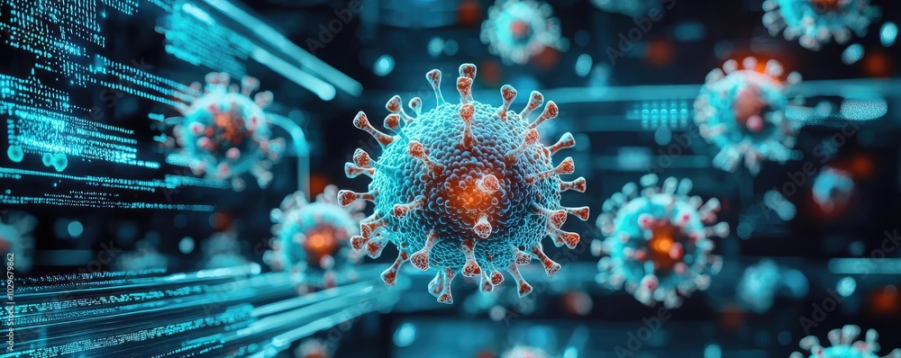 Poster close-up of digital virus particles in a high-tech environment.