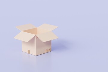 Obraz premium 3D Realistic Open box parcel icon. Minimal Unboxing cardboard box, cargo box, delivery box icon isolated on purple background. Shipping delivery transportation logistic service concept. 3d render.