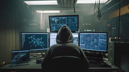 Person in hoodie analyzing data on multiple computer screens.
