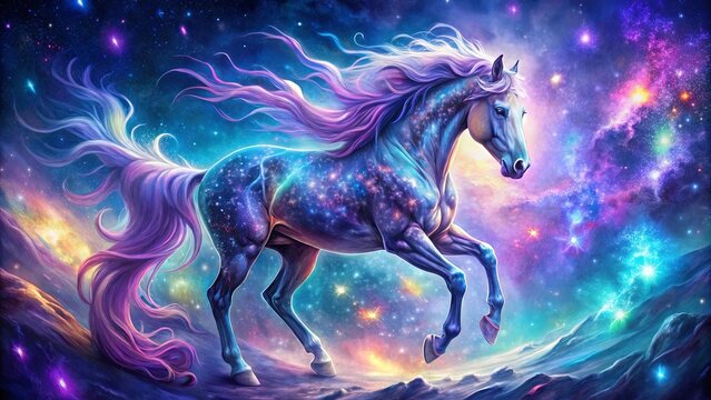 A celestial steed with a cosmic coat, its mane and tail a cascade of stardust, gallops across a canvas of shimmering nebulae and twinkling stars.