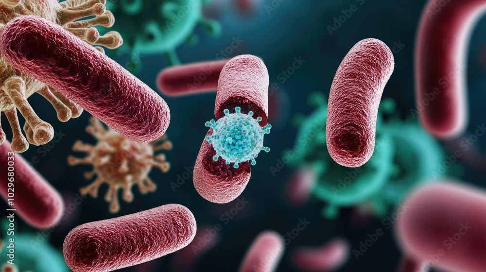 Poster microorganisms and viruses interact in a visually striking scientific close-up.