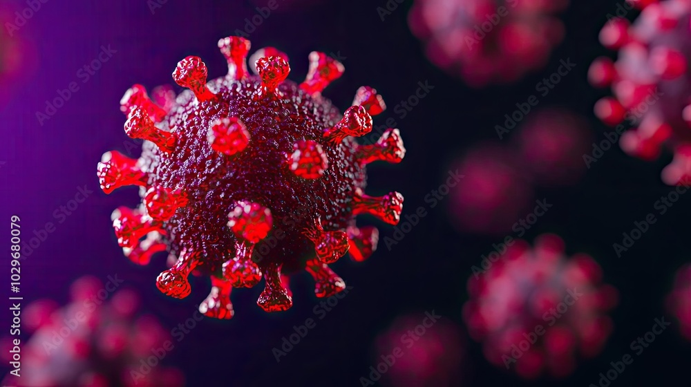 Poster Detailed representation of a virus with spikes, isolated on a dark background.