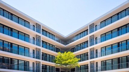 Modern building with large glass windows and central green tree.