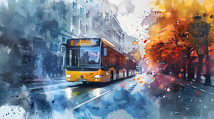 Bus Lane Street Watercolor