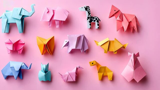 Colorful origami animals are displayed on a pink surface