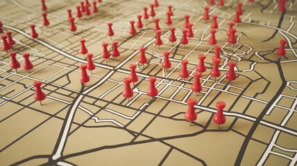 Map with red pins marking locations for navigation and planning, white isolate background