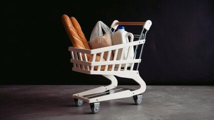 Shopping cart with groceries on a dark background, emphasizing essential food items.