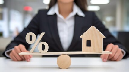 Woman balances wooden house and percentage symbol on scale, representing mortgage concepts.